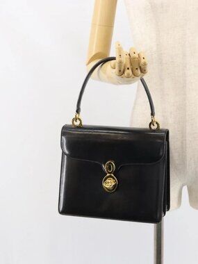 GUCCI Hand Bag Leather Black Gold Auth 159265